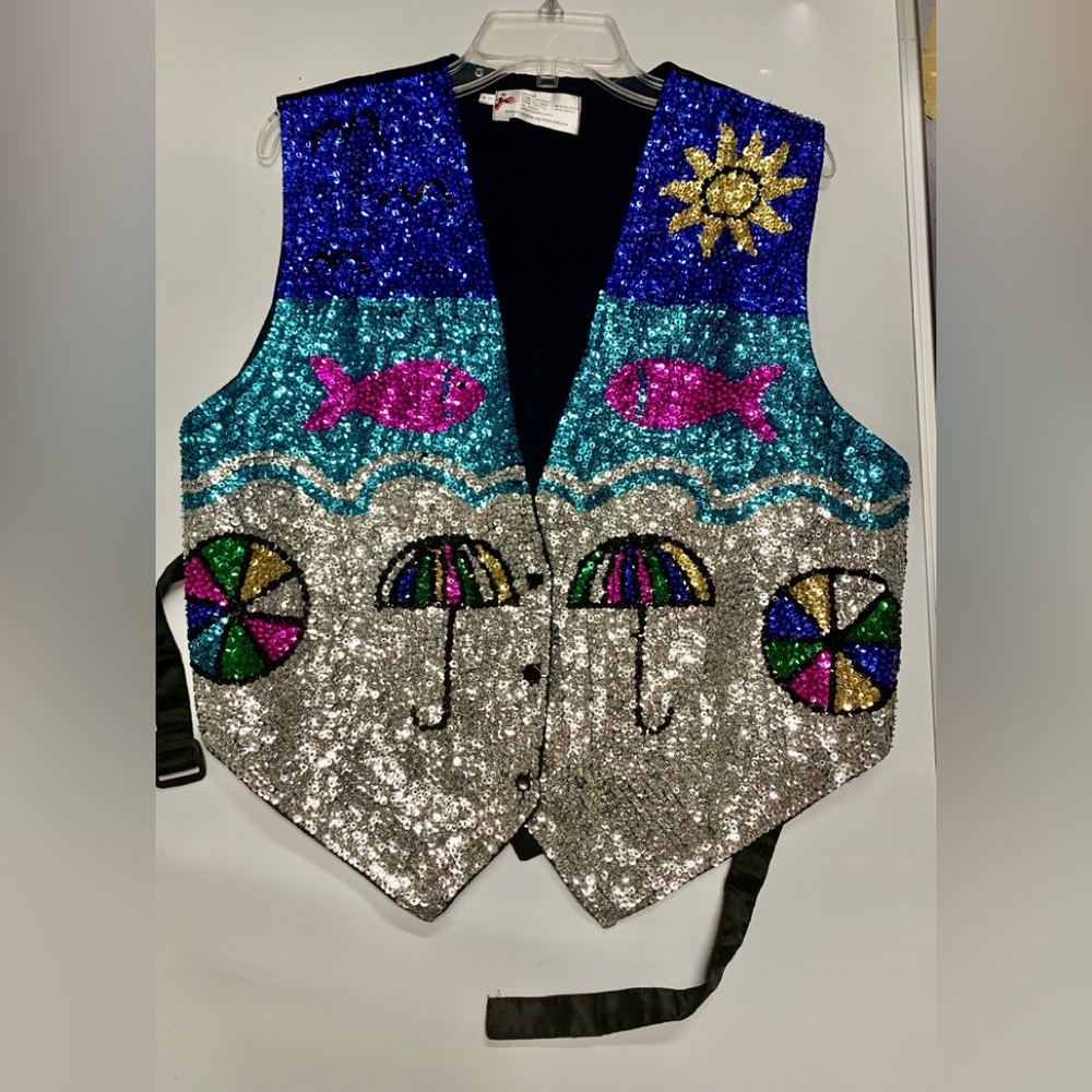 New beach umbrella fish blue sequin vest Halloween costume holiday New Y…